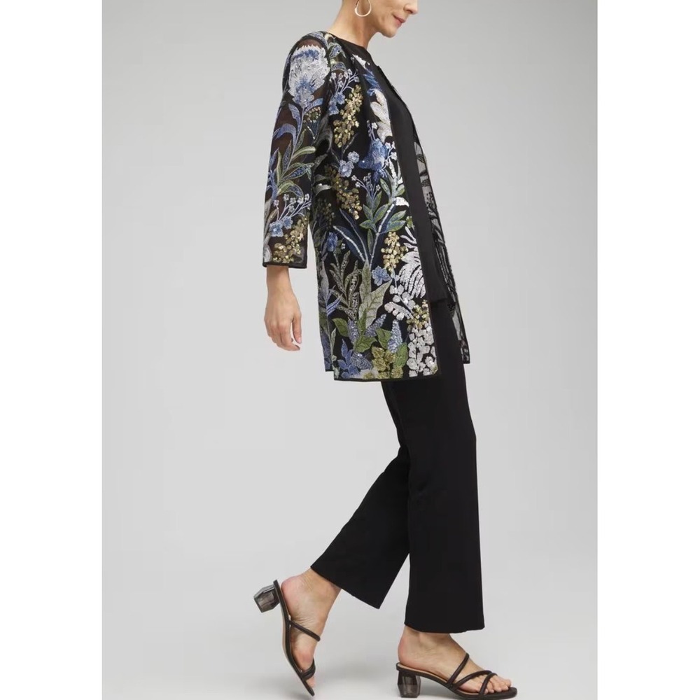 Chicos Floral Embroidered Sequin Mesh Open Front Topper Jacket Black Multi XL 3 - Picture 3 of 10